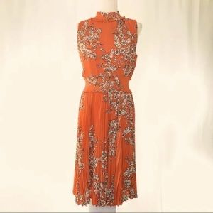 Nanette Lepore Dress Coral Floral Sleeveless Plisse Pleats Smocked